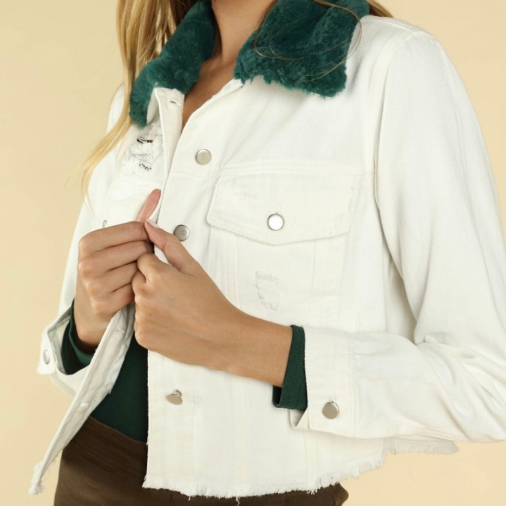 White Distressed Denim Jacket with Faux Fur Collar